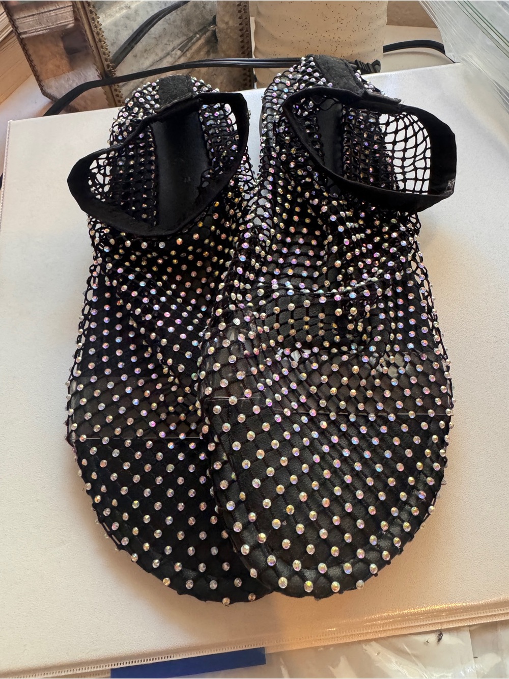 Women's Black Rhinestone Mesh Ankle Strap Flats